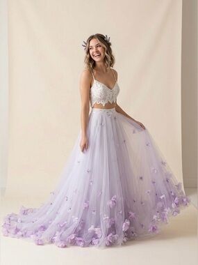 Elegant Light Ivory and Lavender Floral and Butterfly Gown